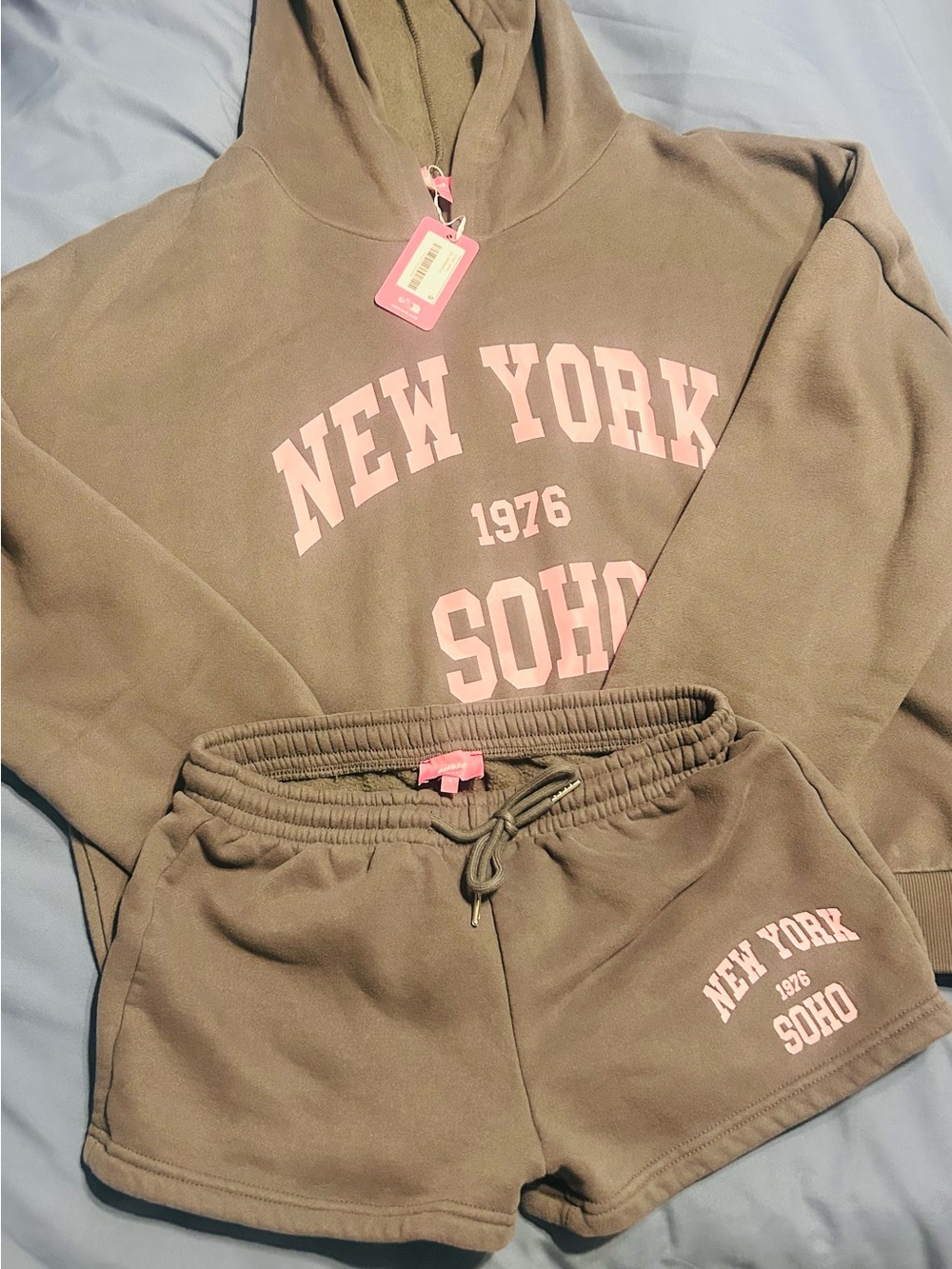 Edikted Grey Hoodie & Shorts Set with Pink Lettering